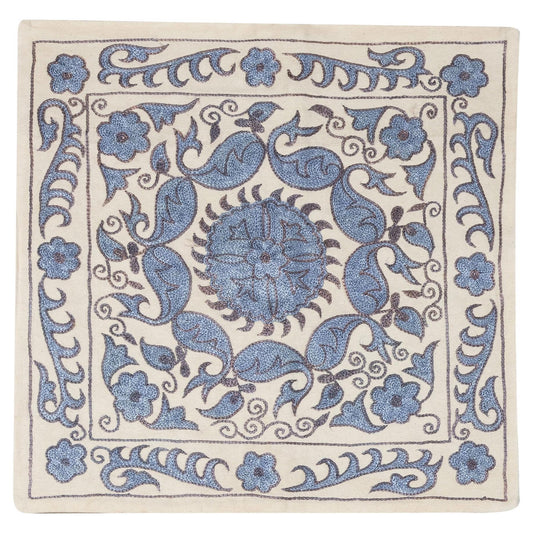 Floral Pattern Suzani Silk Pillow Case Light Blue & Ivory, 46 × 46 cm