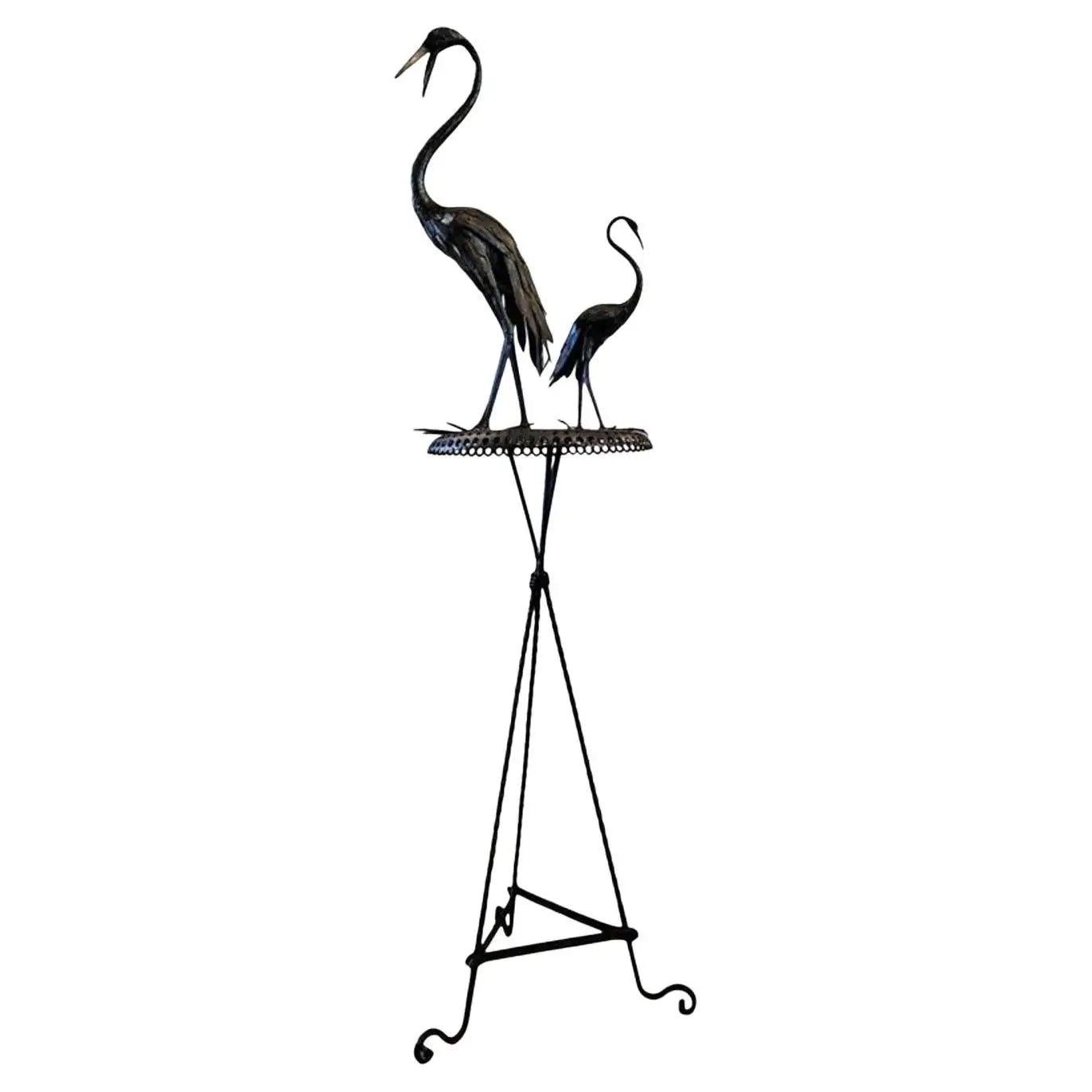 Mid-Century French Japonisme Bronze Crane Figures Iron Pedestal Sculpture
