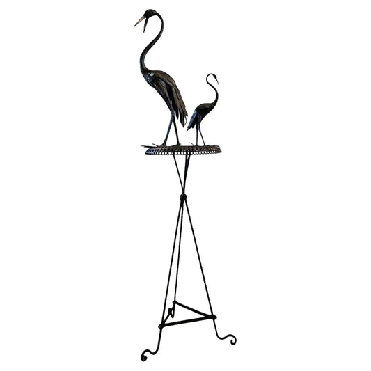 Mid-Century French Japonisme Bronze Crane Figures Iron Pedestal Sculpture