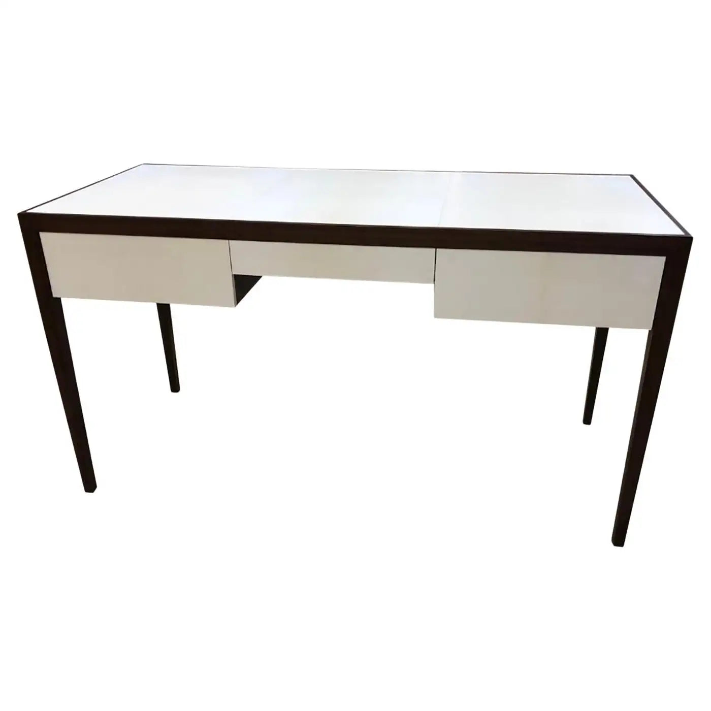 White desk with black trim on a white background