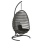 Black woven hanging chair with a stand on a white background