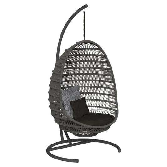 Black woven hanging chair with a stand on a white background