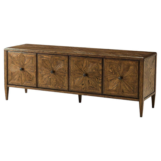 Wooden sideboard with decorative panels on a white background