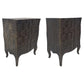 Pair of dark wooden side tables with intricate carvings on a white background
