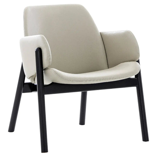 Modern chair with beige cushioned backrest and seat on a white background