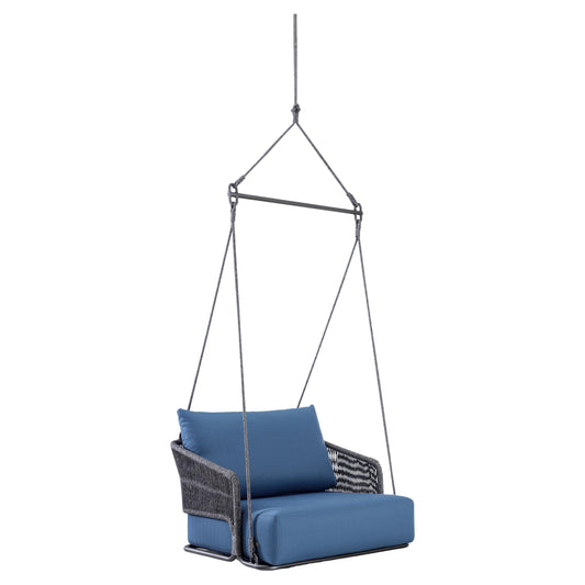 Hanging chair with blue cushion on a white background