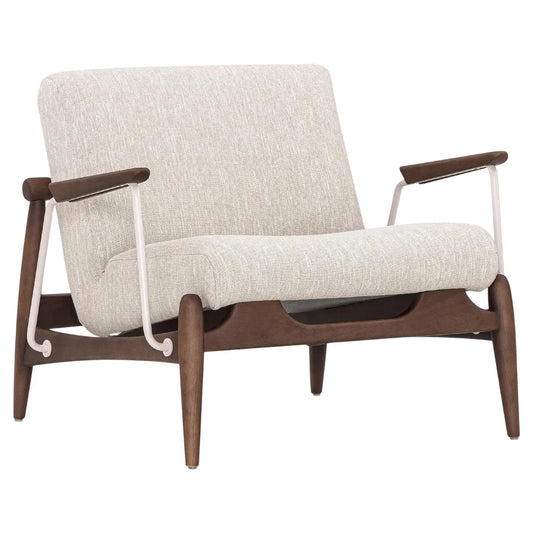Beige armchair with wooden frame on a white background