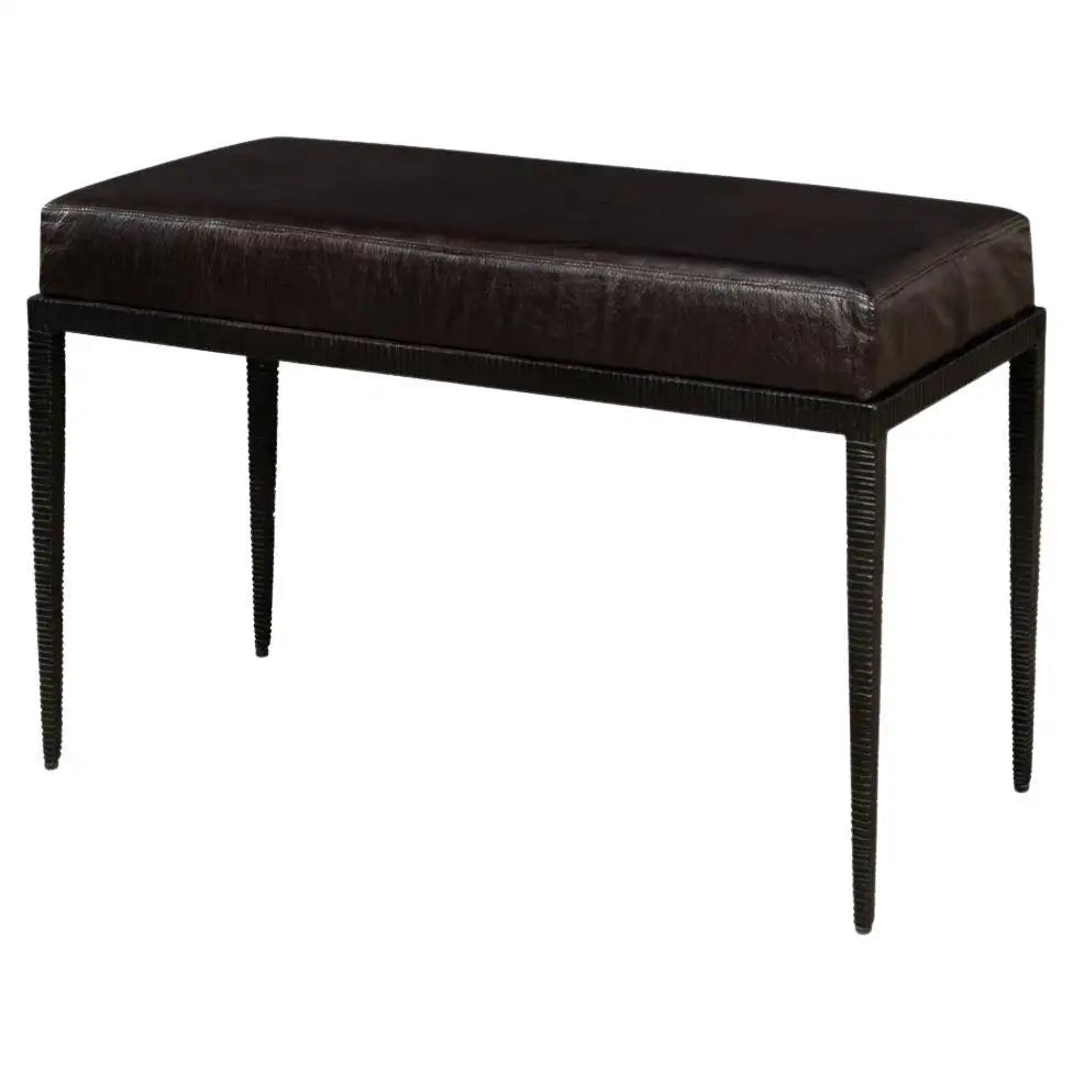 Dark brown leather bench with black legs on a white background