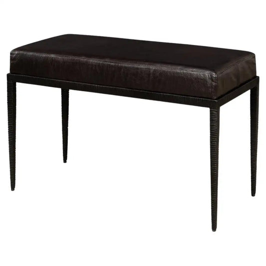 Dark brown leather bench with black legs on a white background
