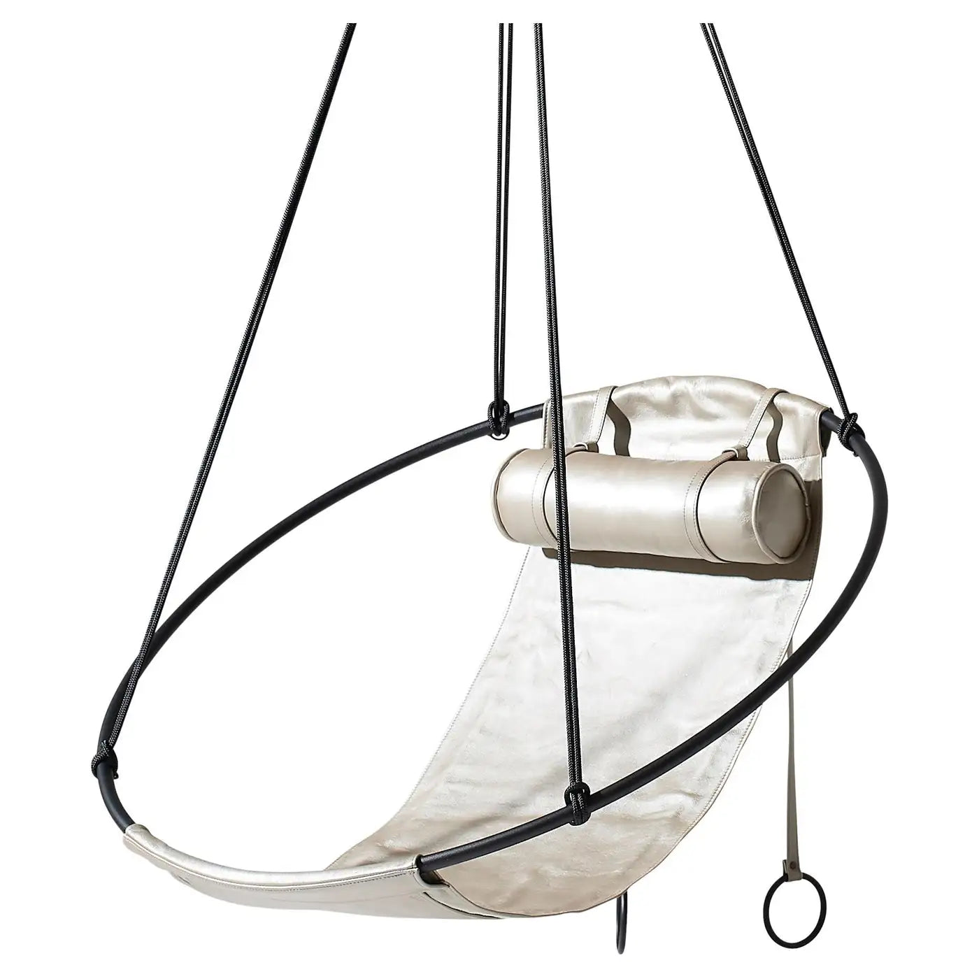 Clear hammock chair with black straps on a white background