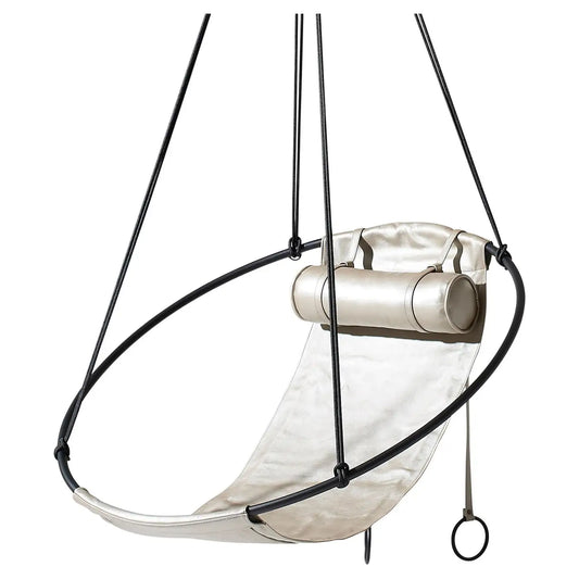 Clear hammock chair with black straps on a white background