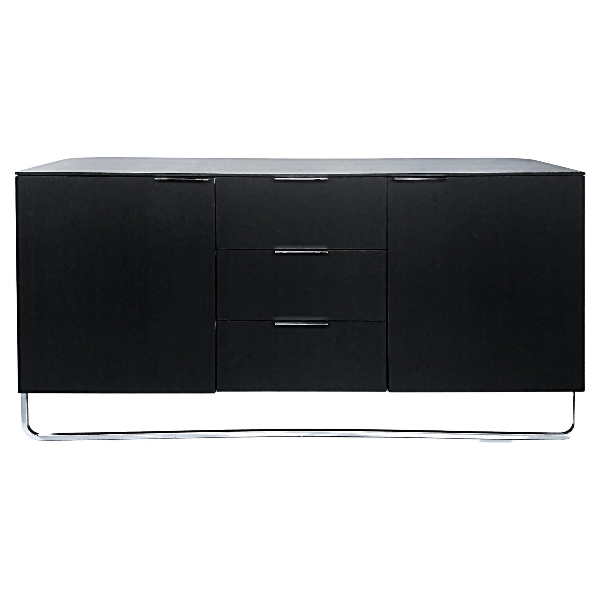 Black sideboard with three drawers on a white background