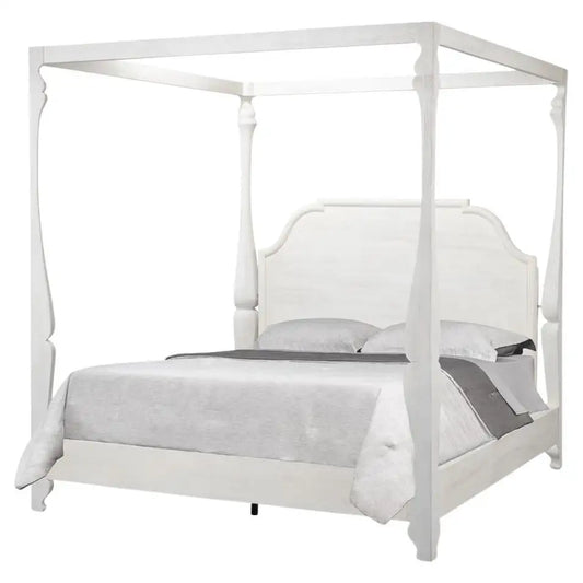 White four-poster bed with gray bedding on a white background