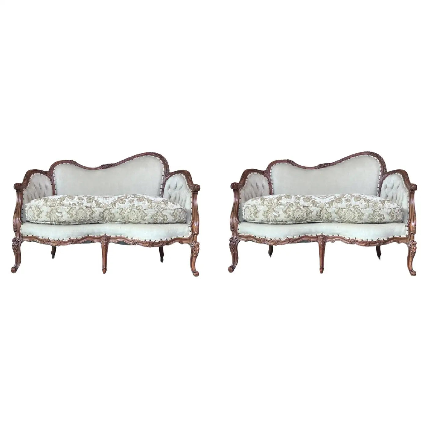 Pair of Victorian Carved Walnut Button Back Sofa