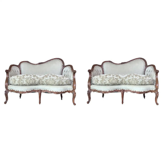 Pair of Victorian Carved Walnut Button Back Sofa
