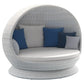 Round wicker chair with cushions on a white background
