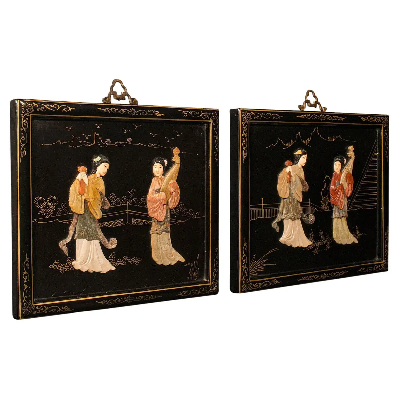 Pair of Antique Carved Stone Panels, Japanese, Decorative, Figures, Victorian