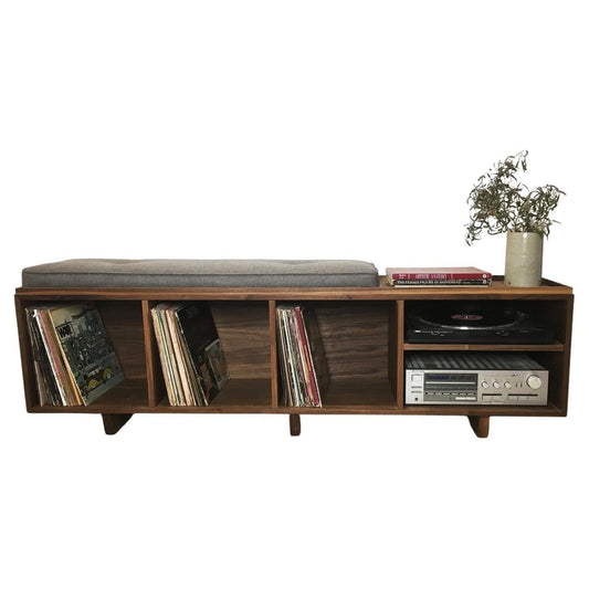 Hifi Vinyl LP Storage Bench – Mid-Century Modern Walnut Stereo Cabinet