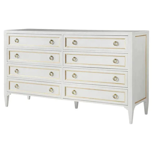 White dresser with gold accents on a white background