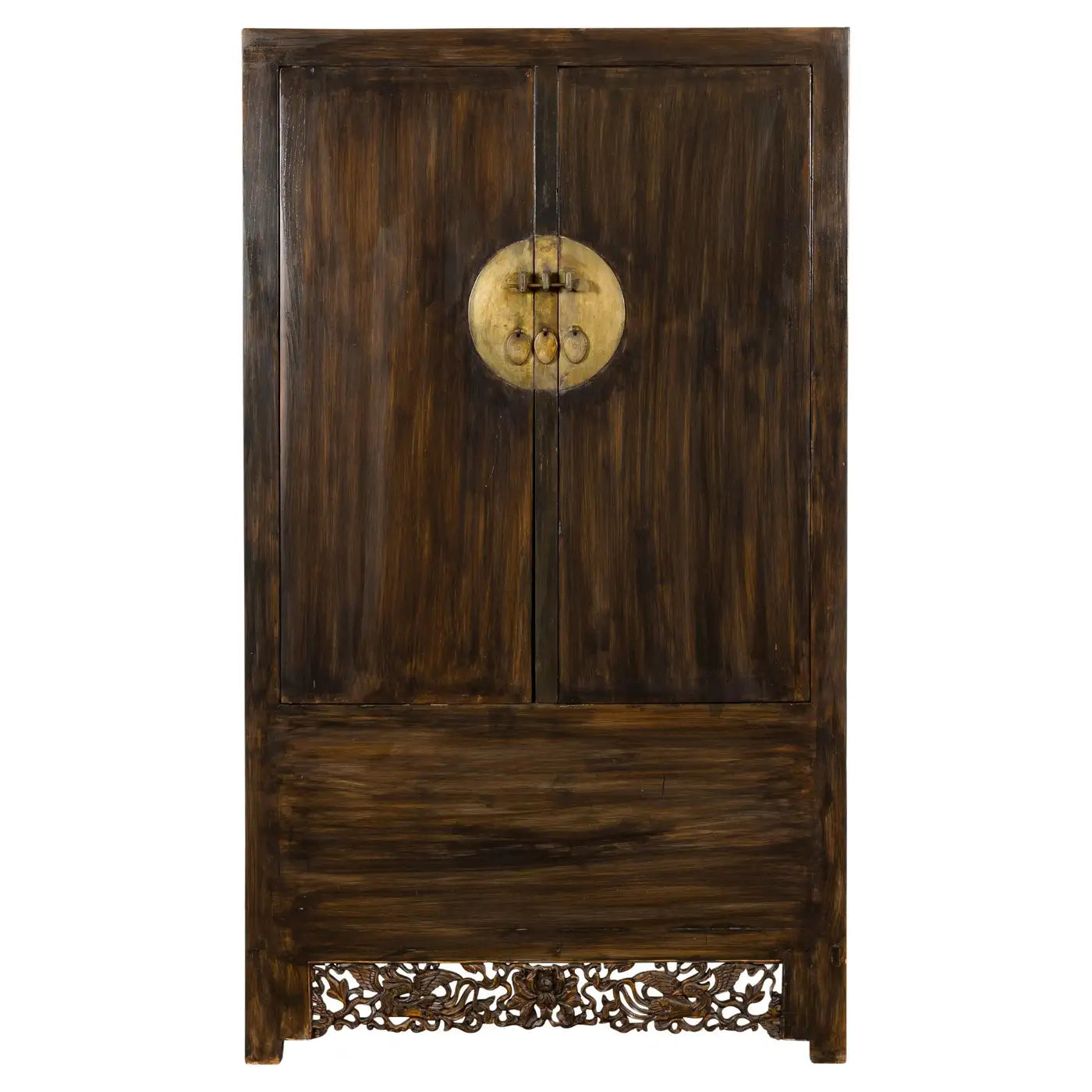 Wooden wardrobe with decorative circular emblem on a white background