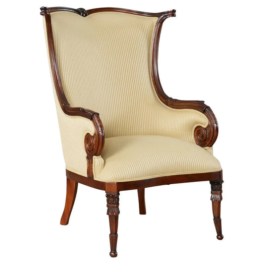 Vintage-style armchair with wooden frame and cream upholstery on a white background