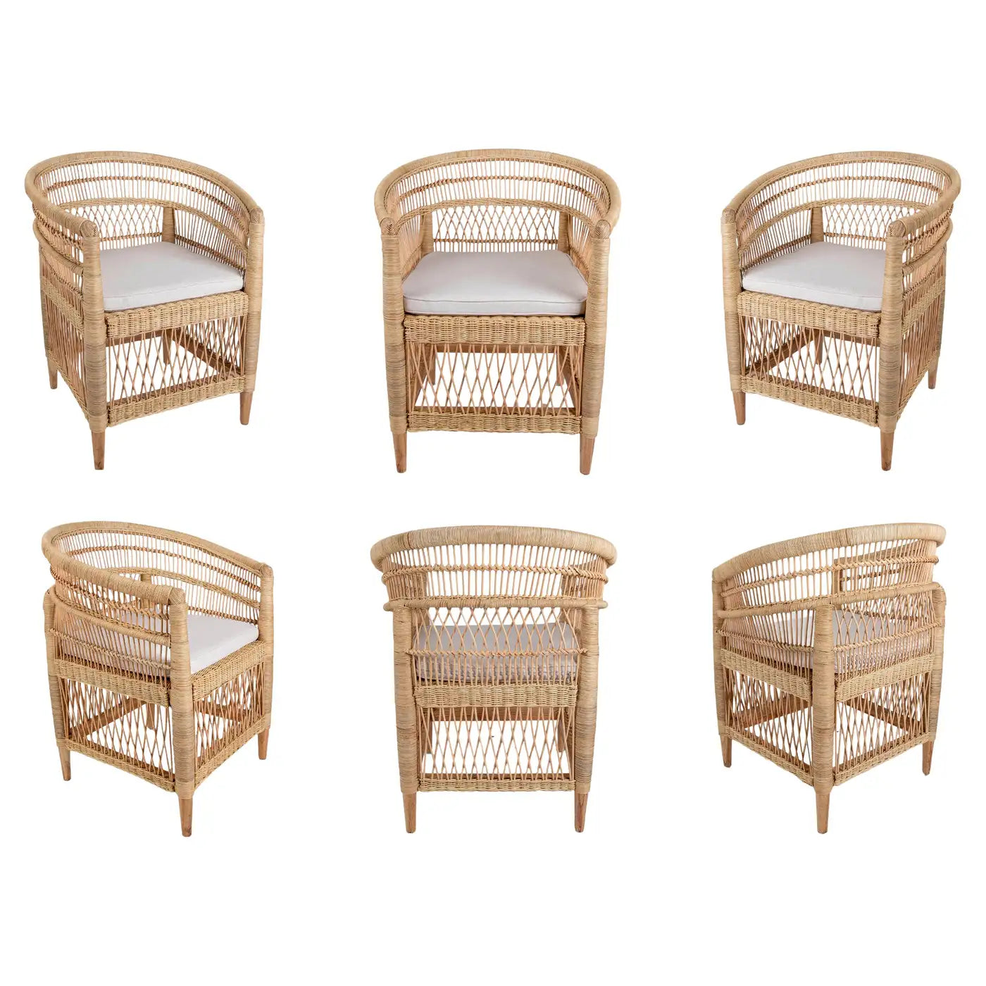 Set of Six Rattan and Wooden Armchairs with Beige Cushions