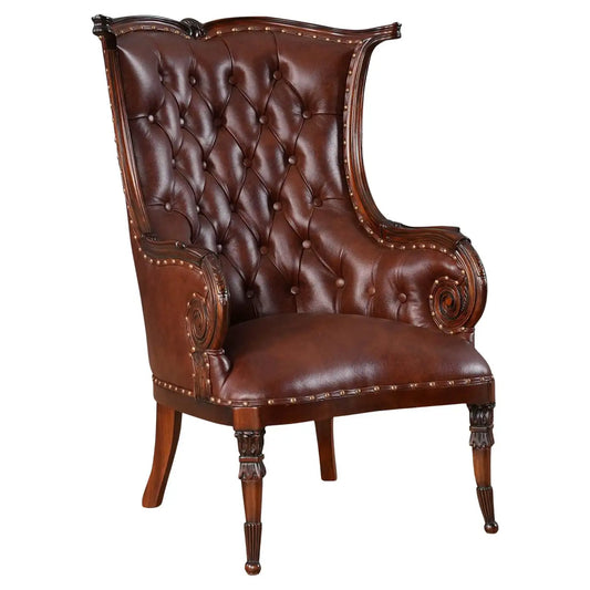 Brown leather armchair with tufted backrest on a white background