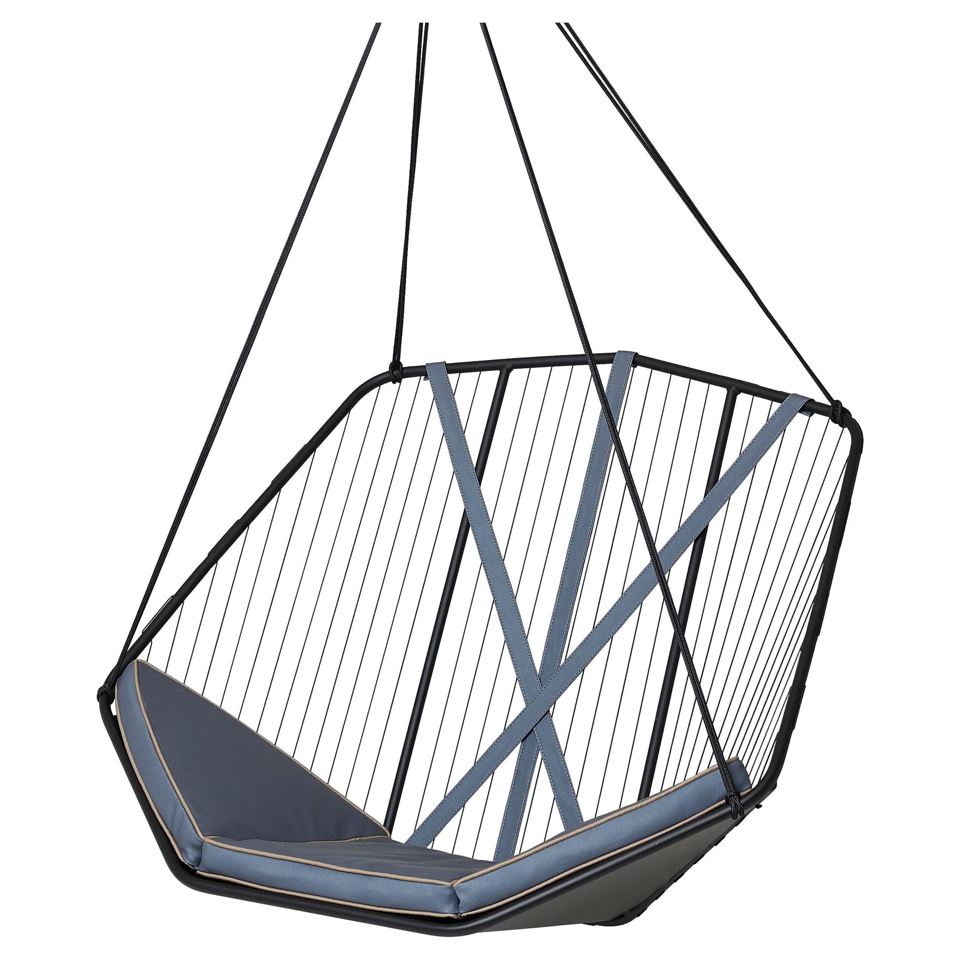 Geometric hanging chair with blue cushion on a white background