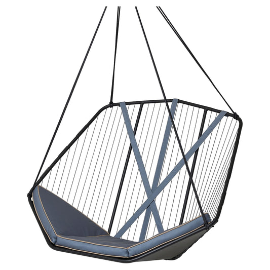 Geometric hanging chair with blue cushion on a white background