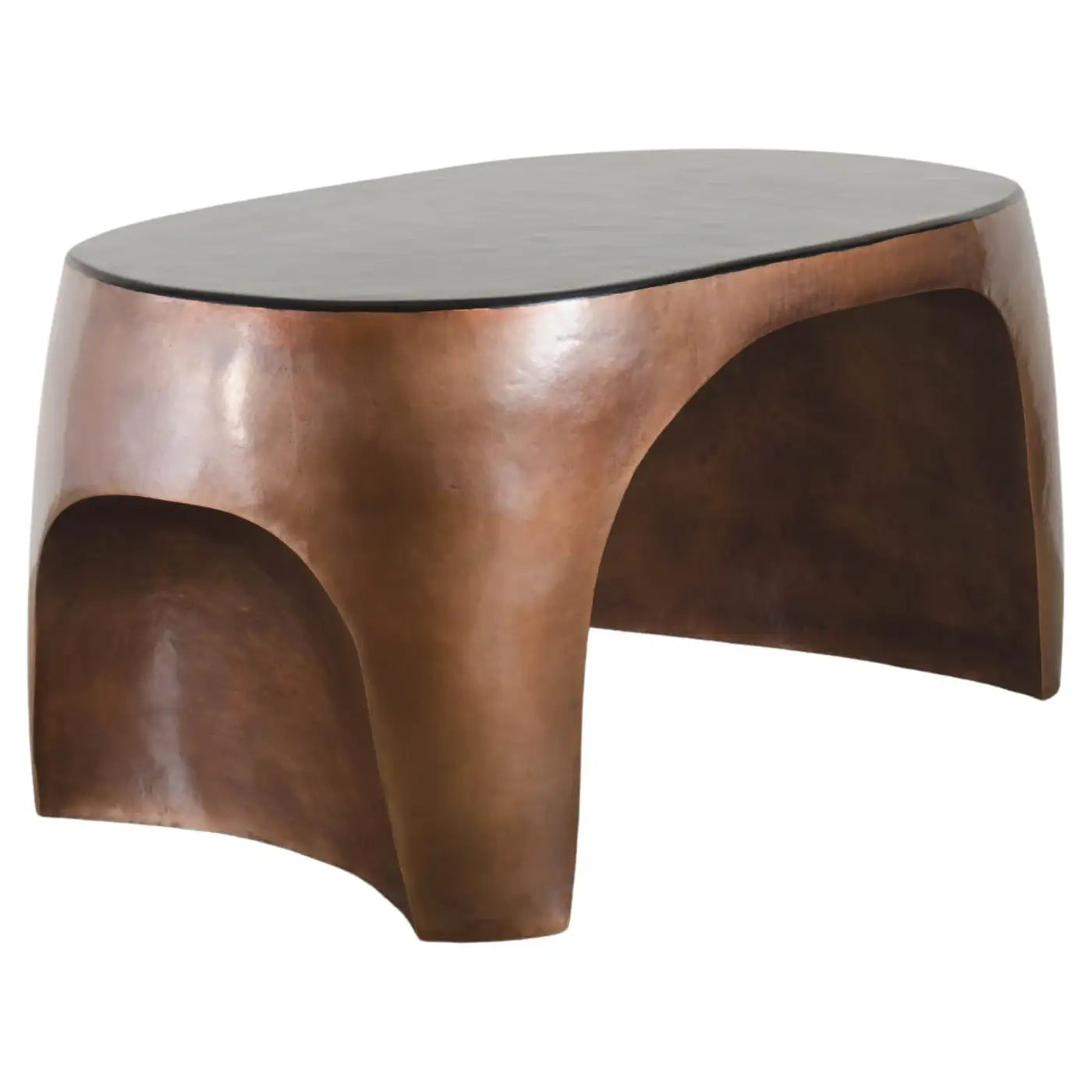 Bronze-colored side table with a glass top on a white background
