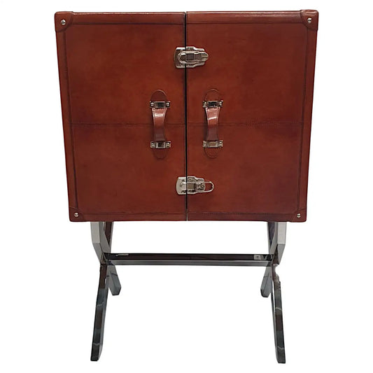 Brown leather cabinet with metal clasps on a white background