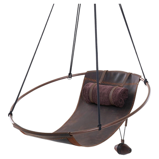 Modern Thick Oil Tan Leather Sling Hanging Chair with Powder-Coated Steel Frame