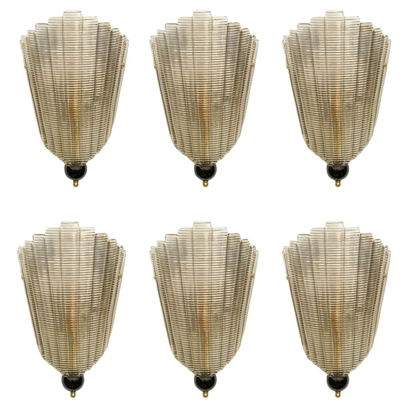 Set of Six Murano Glass Wall Sconces, Art Deco Style, in Stock