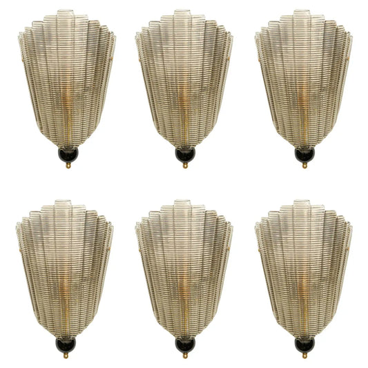 Set of Six Murano Glass Wall Sconces, Art Deco Style, in Stock