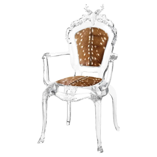 Clear chair with deer skin pattern on a white background