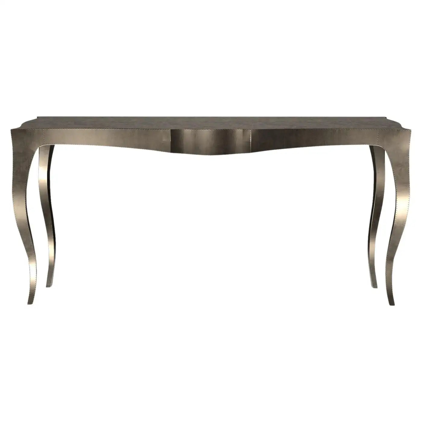 Metallic console table with elegant curved legs on a white background