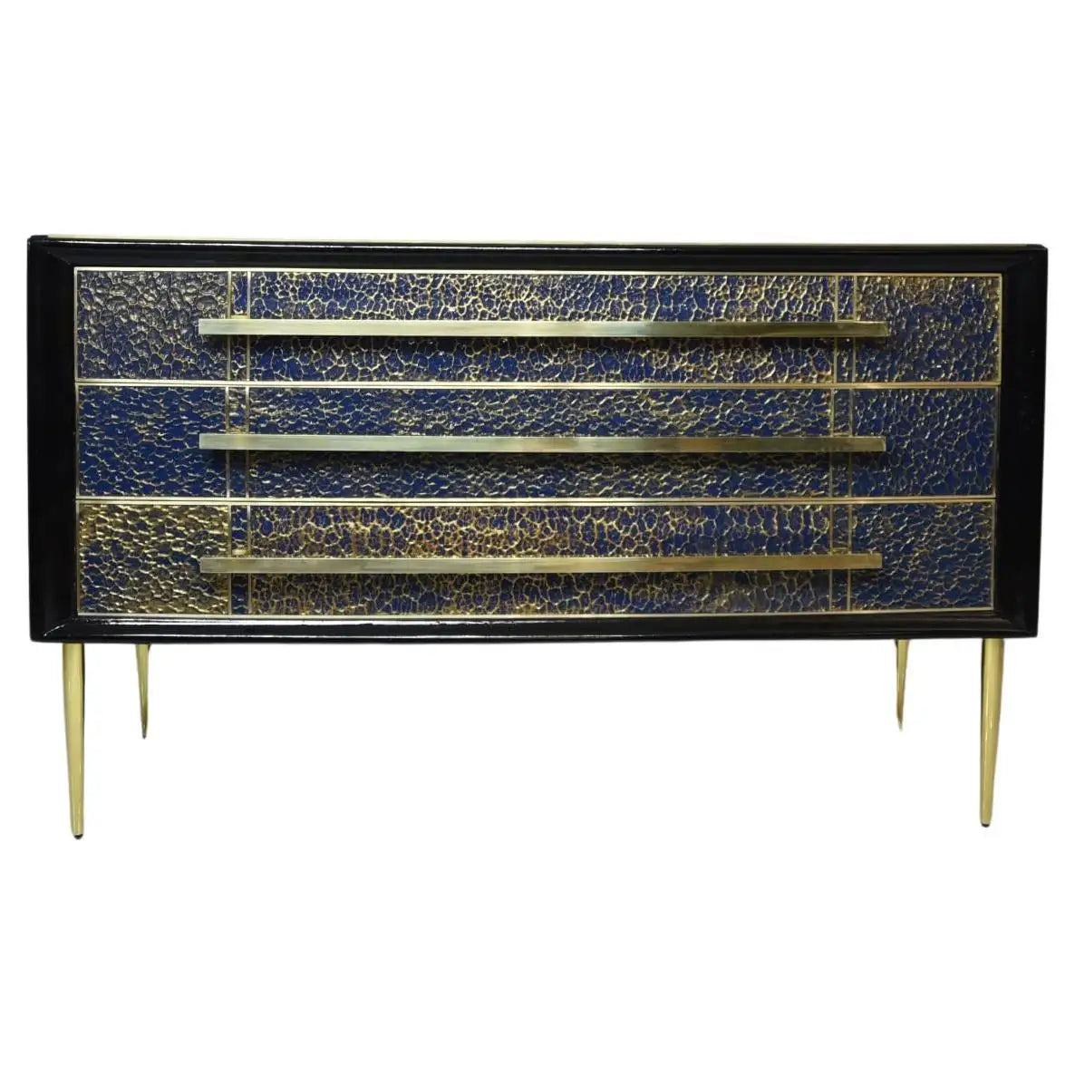 Decorative cabinet with blue and gold mosaic design on a white background