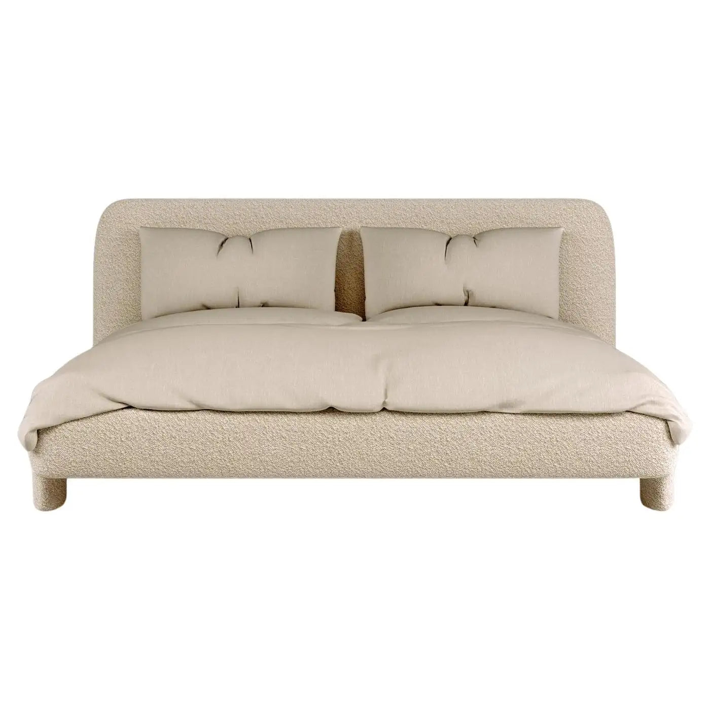 Beige upholstered bed with pillows on a white background