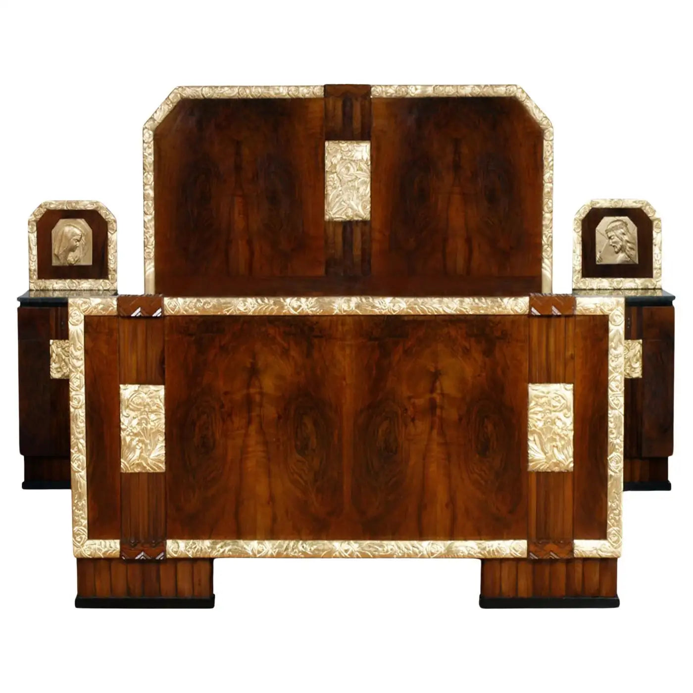 Decorative wooden chest with intricate carvings on a white background