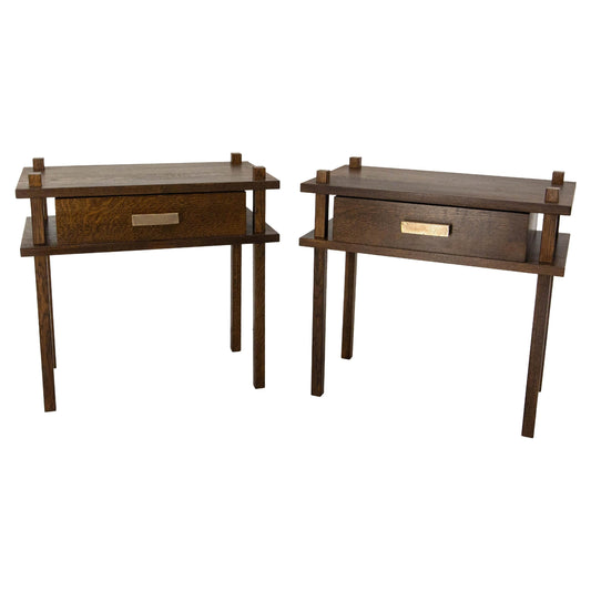 French Chalet Style Oak Nightstands – Pair with Bronze Handles, 2024