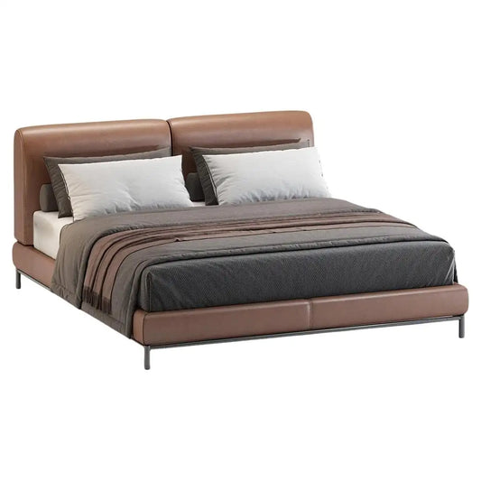 Brown leather bed with gray bedding on a white background