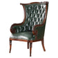Green leather armchair with wooden frame on a white background