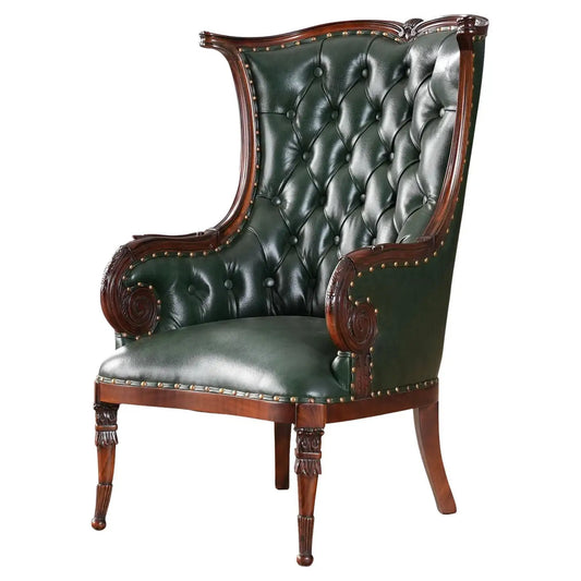 Green leather armchair with wooden frame on a white background