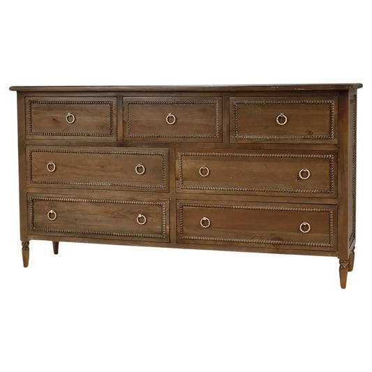 Elegant 7-drawer straw wash commode chest with ring pulls and French Provincial style, perfect for bedroom, living room, or hallway storage.