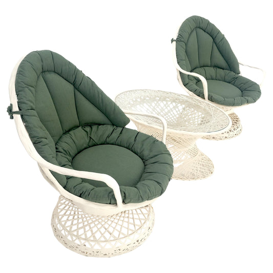 Set of 2 Egg Shape Fiberglass Spun Outdoor Lounge Chairs with Woodard Glass-Top Coffee Table