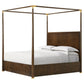 Four-poster bed with brown wooden frame and white bedding on a white background
