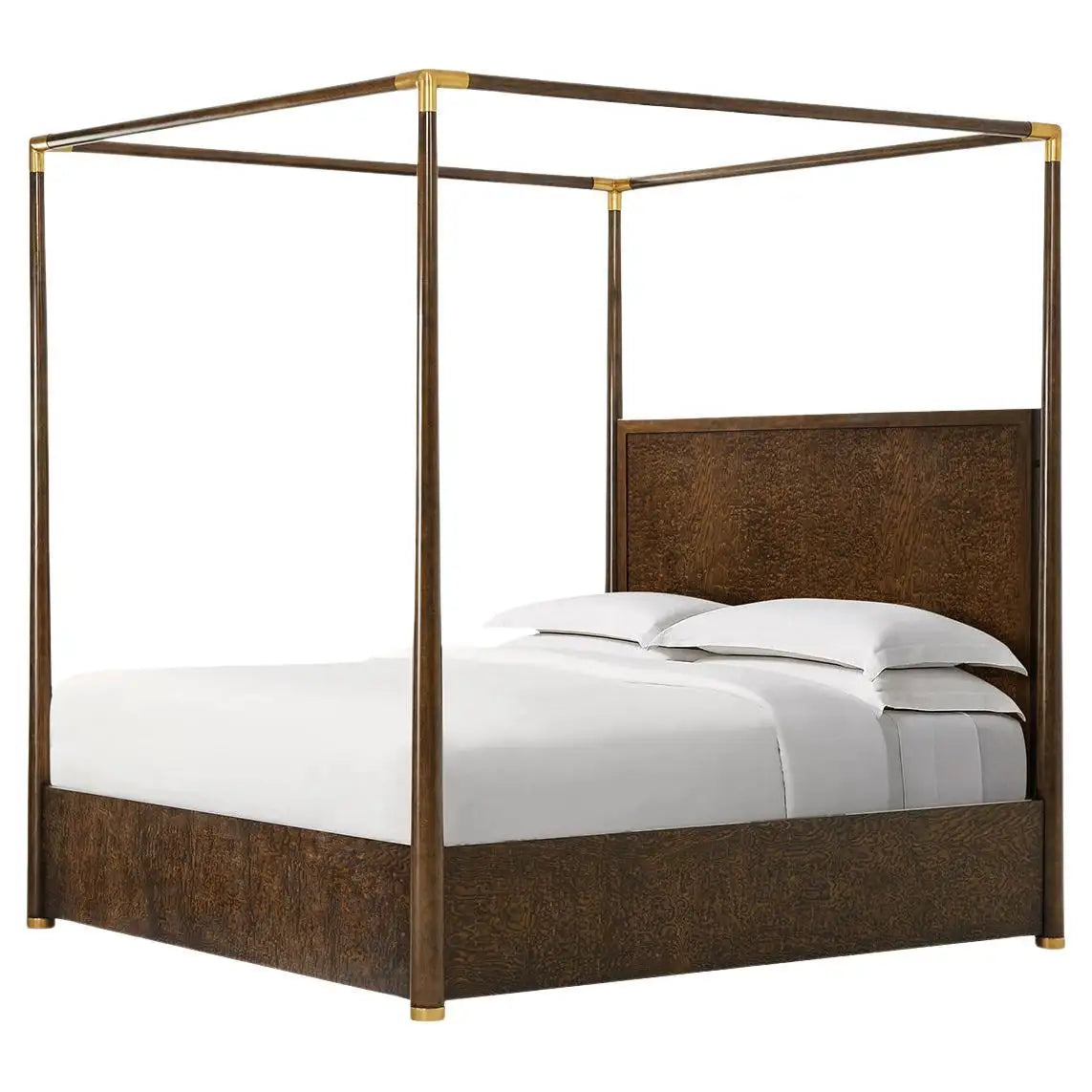 Four-poster bed with brown wooden frame and white bedding on a white background