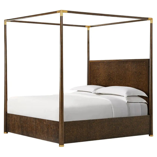 Four-poster bed with brown wooden frame and white bedding on a white background