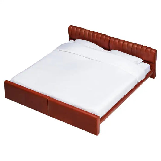 Brown bed frame with white mattress on a white background