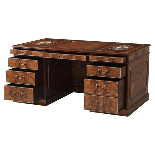 Wooden desk with multiple drawers on a white background